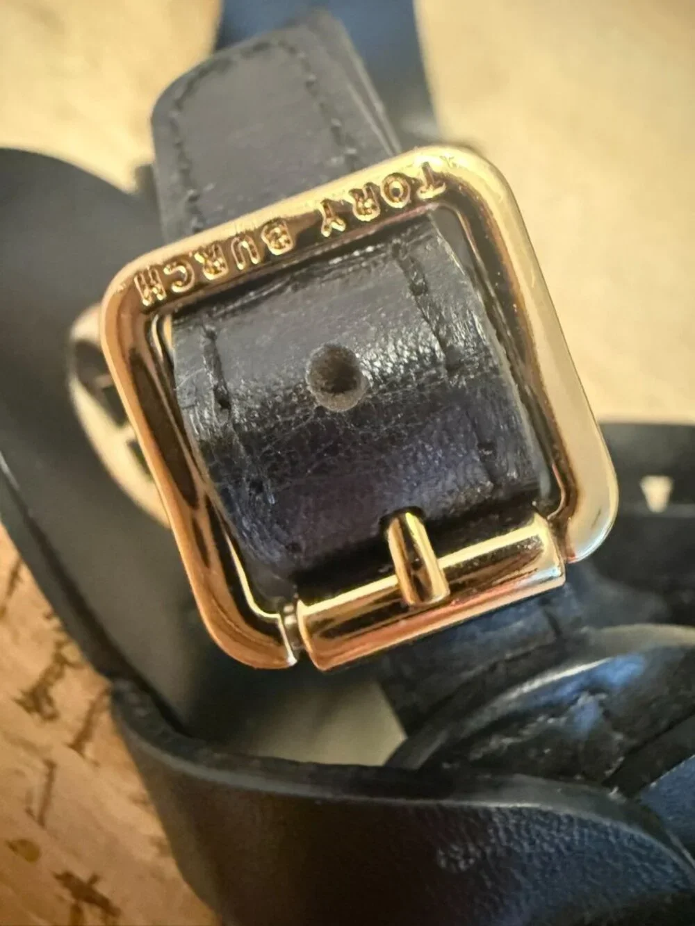 Tory Burch Black Leather Wedge Sandals Cork Heels 7.5 M